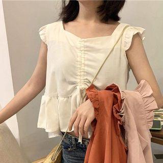 Sleeveless Ruffle Trim Drawstring Blouse