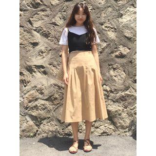 Pintuck-tim Flare Midi Skirt