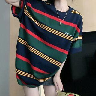 Short-sleeve Striped T-shirt Dark Blue & Dark Green - One Size