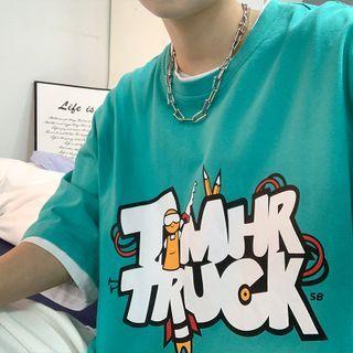 Cartoon Print Mock Two-piece Oversized Tee