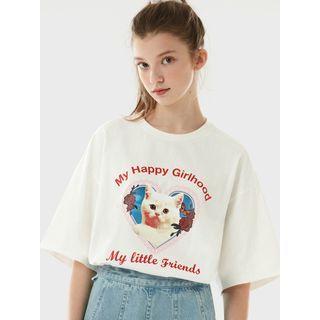 Heart-frame Cat-printed T-shirt White - One Size