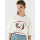 Heart-frame Cat-printed T-shirt White - One Size