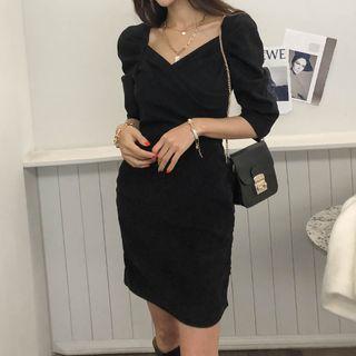 Puff-shoulder Ruched Sheath Dress Black - One Size