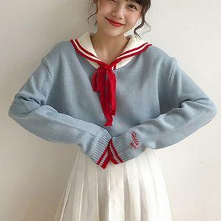 Color-block Lace-up Long-sleeve Sweater