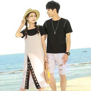 Couple Matching Crew-neck Short-sleeve T-shirt / Ring Detail Midi Spaghetti Strap Dress / Set