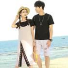 Couple Matching Crew-neck Short-sleeve T-shirt / Ring Detail Midi Spaghetti Strap Dress / Set