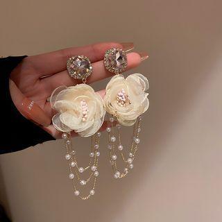 Flower Lace Rhinestone Faux Pearl Dangle Earring 1 Pair - Beige - One Size