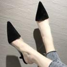 Faux Suede Pointed Toe Clear Panel Kitten Heel Mules