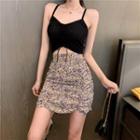 Spaghetti Strap Drawcord Top / Fitted Floral Mini Skirt