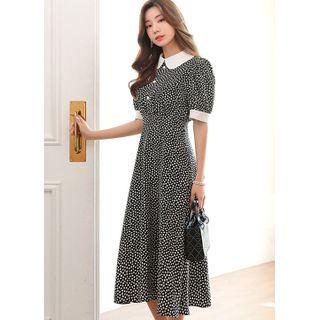Contrast-collar Patterned Long Dress
