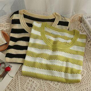 Eyelet Striped Loose T-shirt