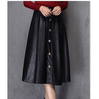 Buttoned Faux Leather A-line Skirt