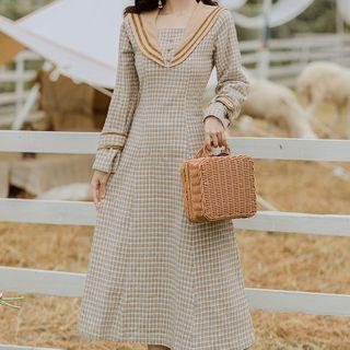 Sailor Collar Plaid Long-sleeve Midi A-line Dress