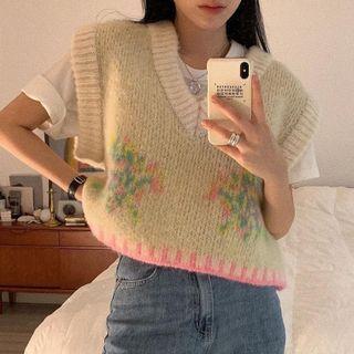 Flower Print Cropped Sweater Vest Sweater - Red & Pink - One Size