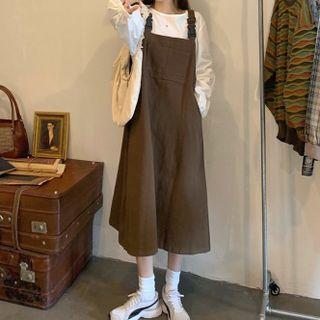 Long-sleeve T-shirt / Shirred Strap Midi Overall Dress