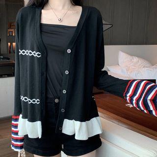 Striped Flared-sleeve V-neck Cardigan Black - One Size