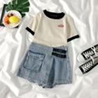 Contrast Trim Short-sleeve T-shirt / Denim Skorts