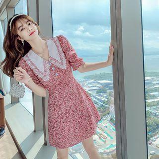 Short-sleeve Lace Collar Floral Print Mini Sheath Dress