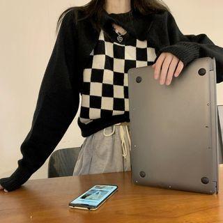Set: Cropped Sweater + Checkered Sweater Vest Set - Sweater - Black - One Size / Vest - Checkered - Beige & Black - One Size