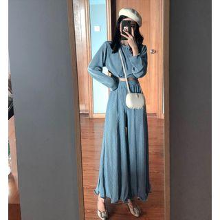 Set: Cropped Long-sleeve T-shirt + High Waist Wide-leg Pants