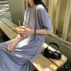 Plain Short-sleeve Tie-waist Midi A-line T-shirt Dress