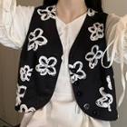 Balloon-sleeve Midi A-line Dress / Floral Print Button-up Vest