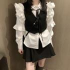 Long-sleeve Ruffle Trim Shirt / Plain Vest / Plain A-line Mini Skirt