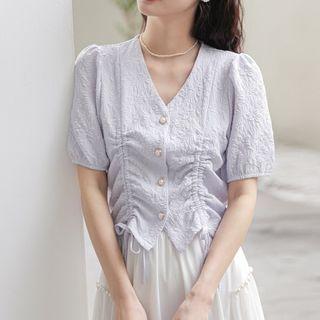 Puff-sleeve V-neck Drawstring Design Cropped Top