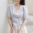 Puff-sleeve V-neck Drawstring Design Cropped Top