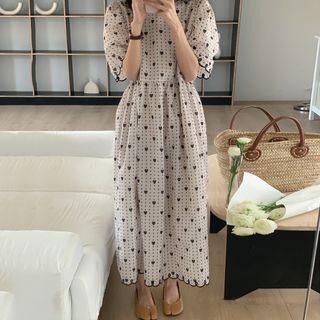 Short-sleeve Heart Print Midi Dress Beige - One Size