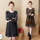 Embroidered Long-sleeve Knit A-line Dress