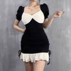 Puff Sleeve Square-neck Color-block Twisted Ruffled-hem Mini Bodycon Dress