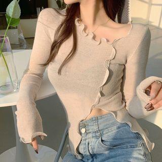 Long-sleeve Ruffle Side-slit T-shirt Cream Almond - One Size