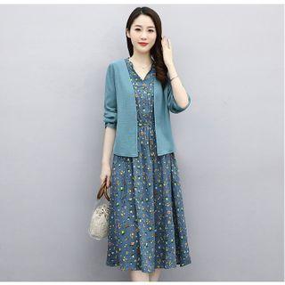 Set: Open-front Cardigan + Elbow-sleeve Floral Print Midi A-line Dress