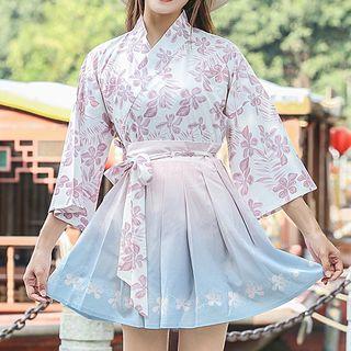 Set : 3/4-sleeve Floral Print Top + A-line Mini Skirt