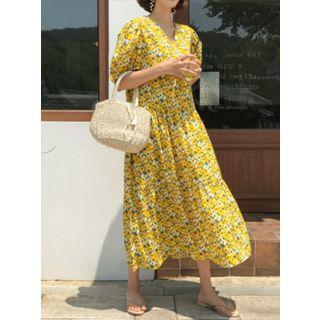 Balloon-sleeve Floral Maxi Tiered Dress