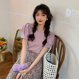 Puff-sleeve T-shirt / Floral Print Midi A-line Skirt