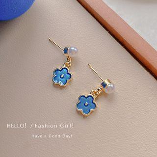 Flower Glaze Faux Pearl Alloy Dangle Earring 1 Pair - E5067 - Gold & Blue - One Size