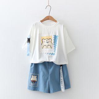 Short-sleeve Bear Print Buckled T-shirt / Shorts