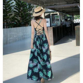 Spaghetti Strap Lace-up Back Leaf Print Maxi A-line Dress