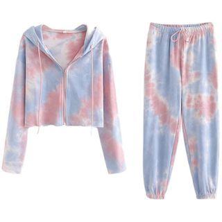 Hooded Zip Tie-dye Jacket / Drawstring Sweatpants / Set