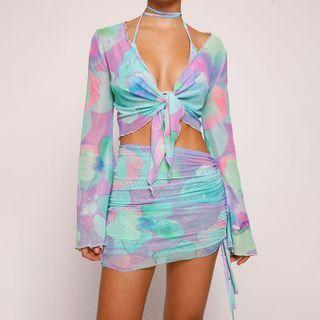 Set: Long-sleeve Floral Print Tie-front Mesh Crop Top + Drawstring Mini Fitted Skirt