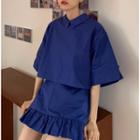 Set: Elbow-sleeve Plain Shirt + Ruffled Trim Skort Blue - One Size