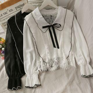 Ribbon-accent Lace-back Chiffon Blouse + Cami