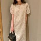 Short-sleeve Floral Lace Midi Smock Dress Beige - One Size