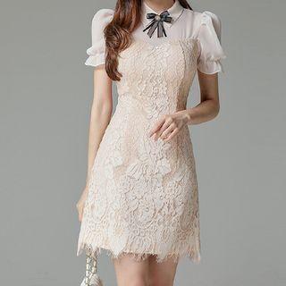 Puff-sleeve Panel Lace Mini A-line Dress