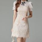 Puff-sleeve Panel Lace Mini A-line Dress