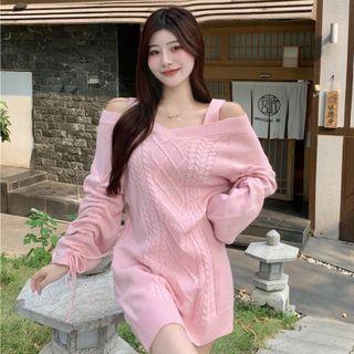 Cold Shoulder Drawstring Cable Knit Sweater