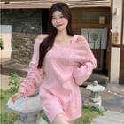 Cold Shoulder Drawstring Cable Knit Sweater