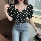 Dotted Puff-sleeve Cutout-back Cropped Blouse